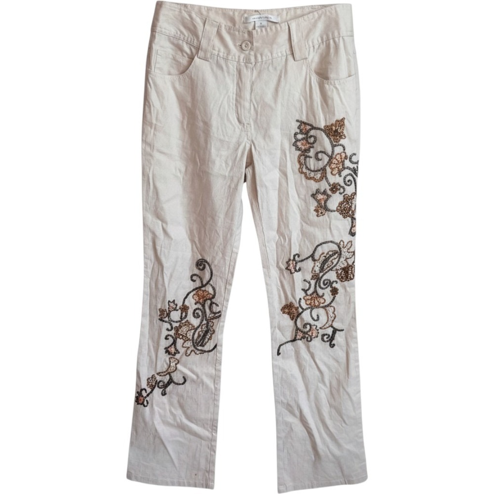 Peppe Peluso Beaded Floral Horse Head Pants Beige Straight Leg Size 6